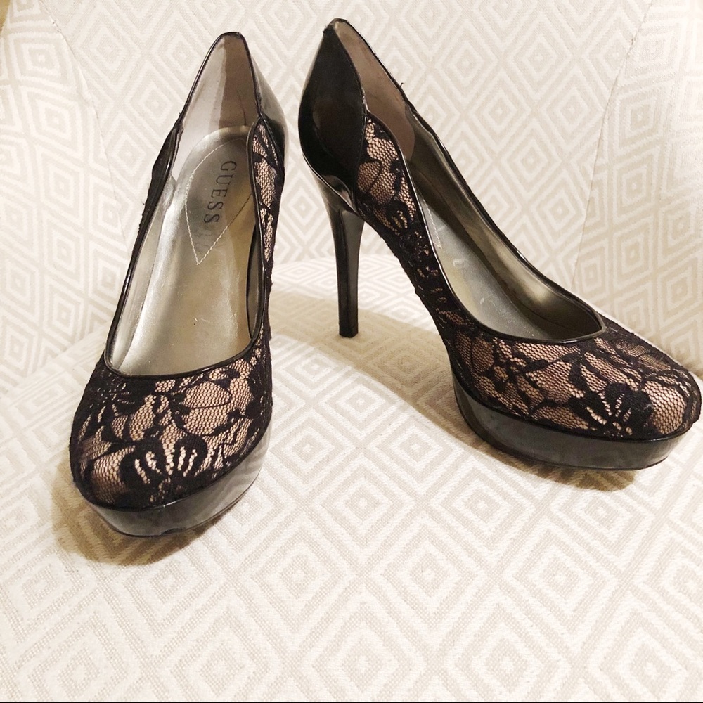Guess Black Lace Platform Pumps Size 6.5